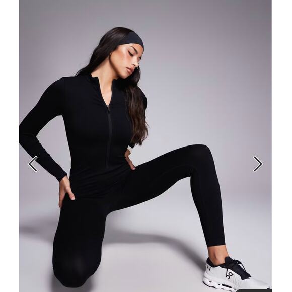 ASOS ribbed catsuit bodysuit 4505 seamless zip front all-in-one in black sz S - Picture 2 of 9